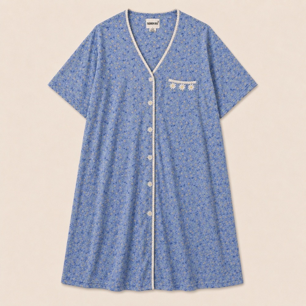Vtg Fashion Bug Sky Blue Floral Nightgown Snap Front Daisy Lace XL Cottagecore
